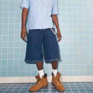 Hollister Dark Wash Super Baggy Denim Shorts Knee-Length Zipper Pockets Jorts